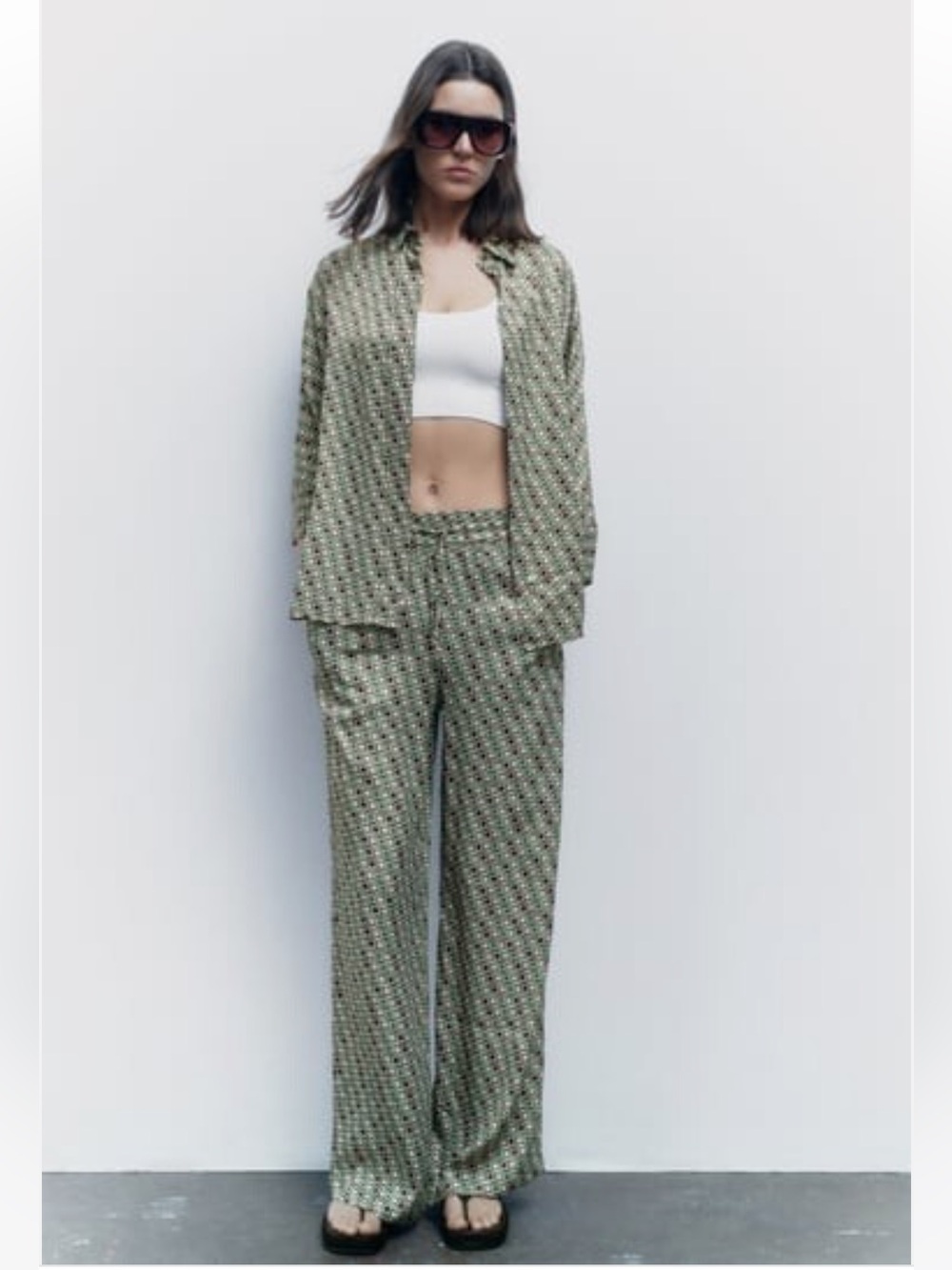 Zara Green and Black Geometric Print Button-Up Set
